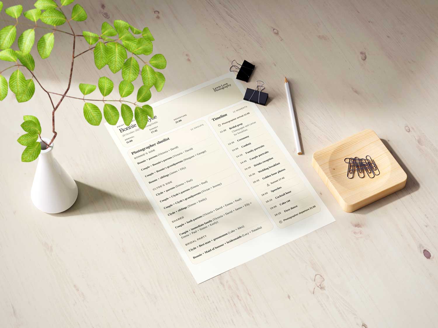 Printed MomentCue PDF export laid out on a desk with stationery.